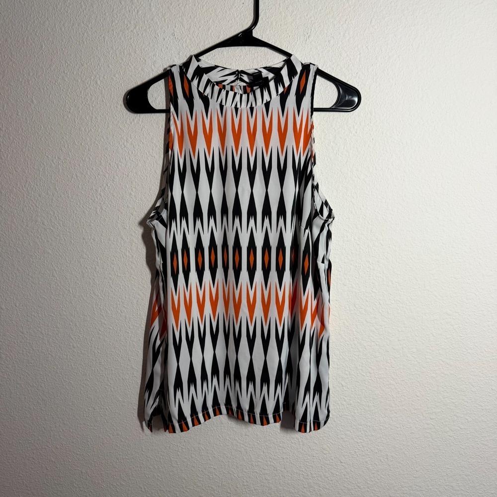 Worthington Blouse Top Womens Large Multicolor Geometric Ikat Print Keyhole Back